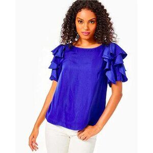 Lilly Pulitzer Ana Short Sleeve Flounce Top Satin Blouse Blue NWT